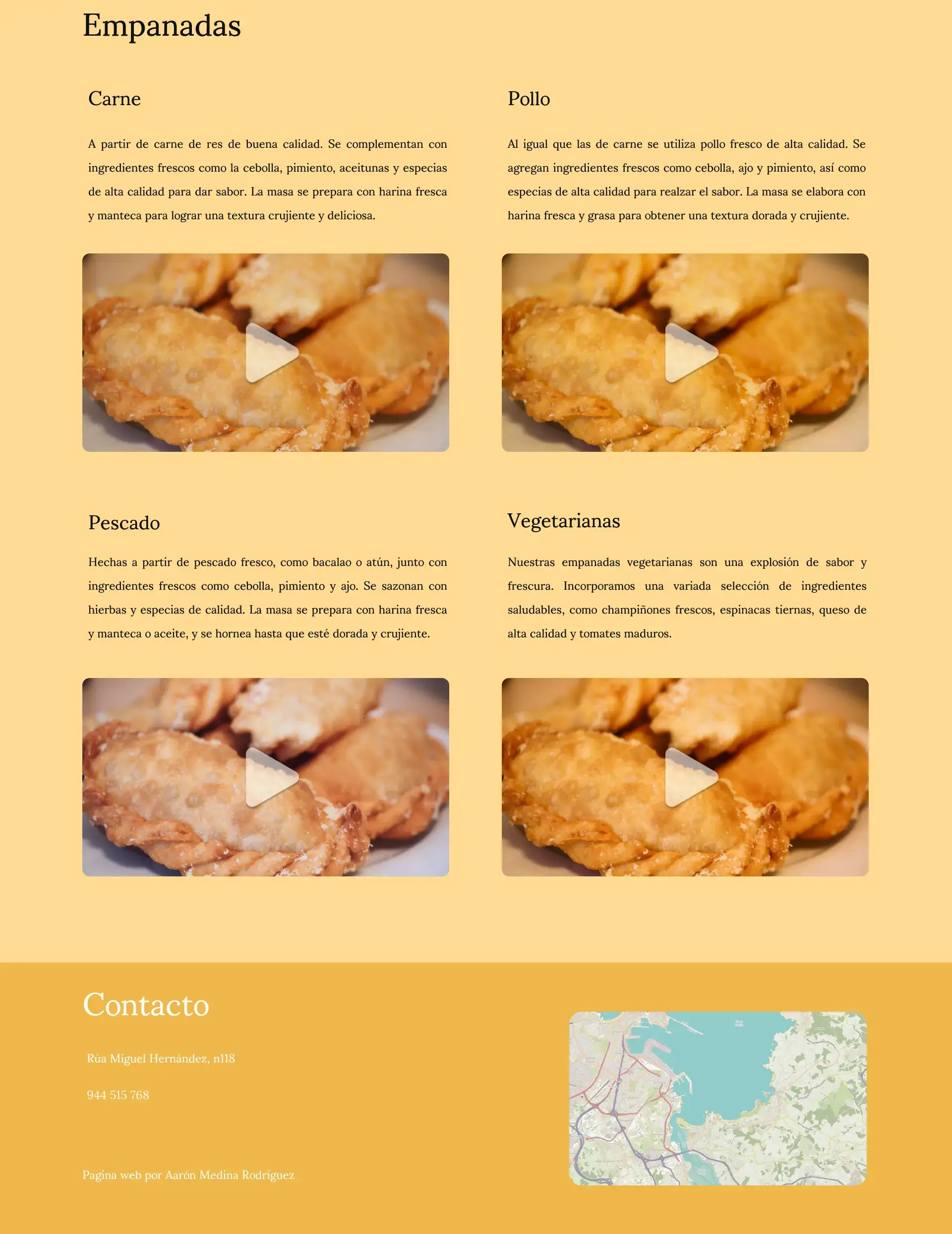 Sección de empanadas y contacto