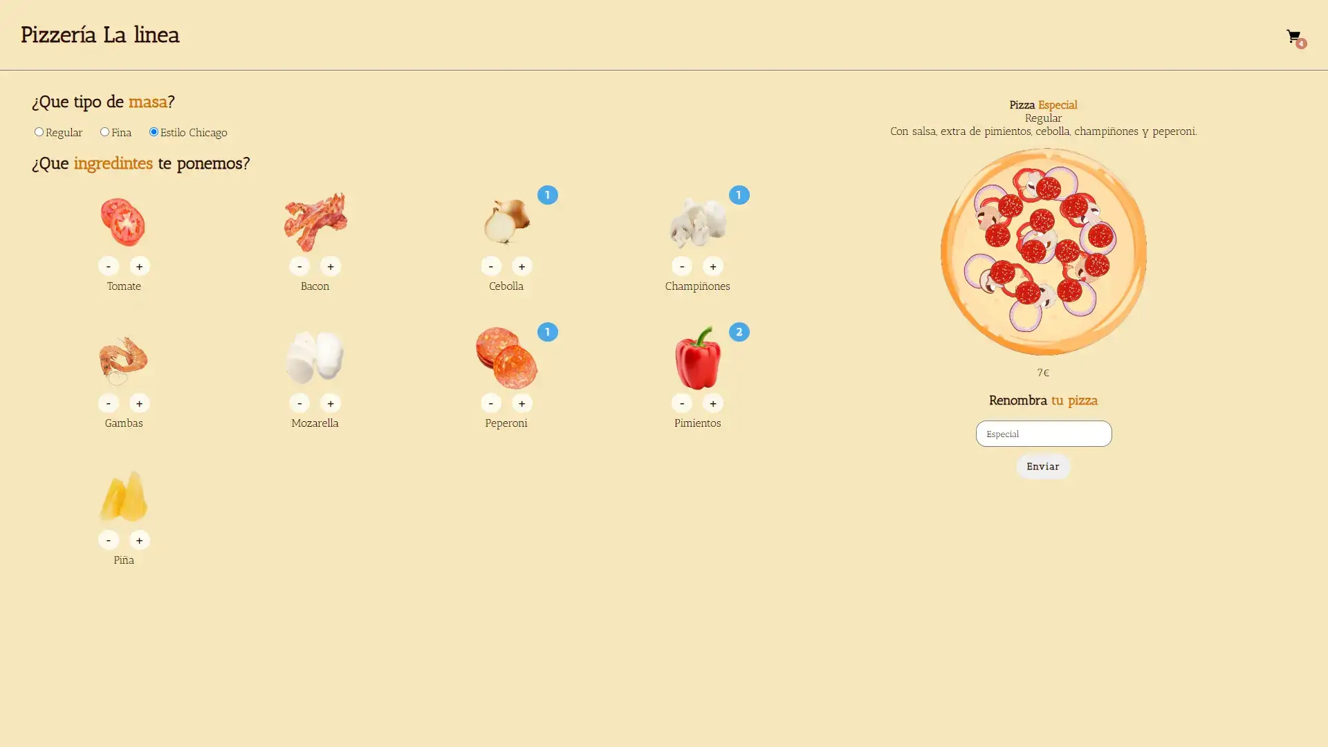 Información de la pizza seleccionada